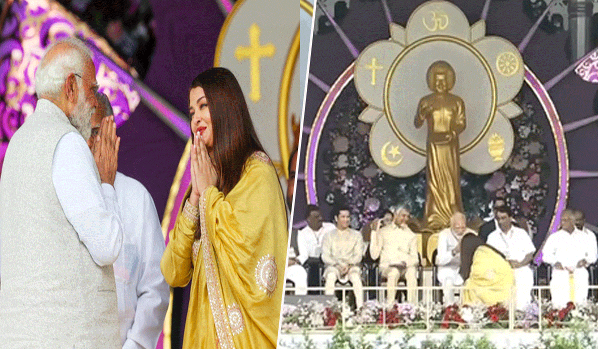 Aishwarya Rai Bachchan touches PM Modi’s feet at centenary celebrations of Shri Sathya Sai Baba