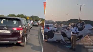 Car Overturns on PVNR Expressway, Heavy Traffic Jam at Mehdipatnam