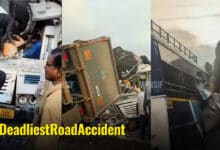 Rescue operations at the site of the fatal collision between a TSRTC bus and a tipper truck on the Hyderabad-Bijapur highway near Mirzaguda.