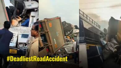 Rescue operations at the site of the fatal collision between a TSRTC bus and a tipper truck on the Hyderabad-Bijapur highway near Mirzaguda.