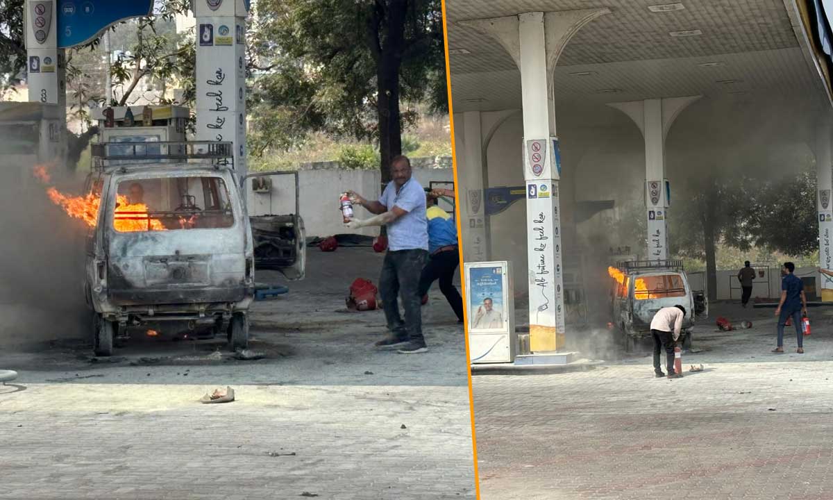 Car Catches Fire, Enters Petrol Pump in Medchal; Major Disaster Averted