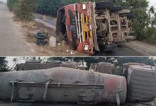 Cement Tanker Overturns in Shankarpally; Driver and Cleaner Escape with Minor Injuries