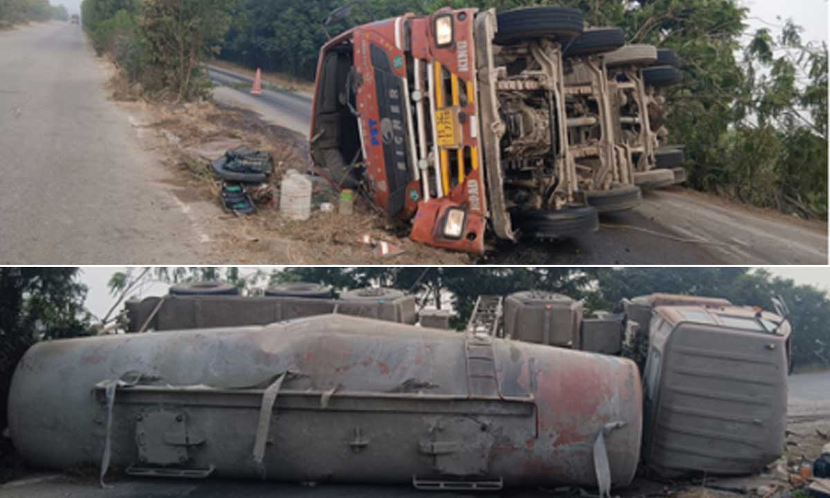 Cement Tanker Overturns in Shankarpally; Driver and Cleaner Escape with Minor Injuries