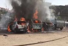 Massive Fire Erupts at SPR Hills Ground in Rahmath Nagar; Cars and Auto Rickshaw Destroyed