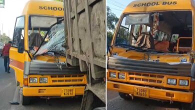 Medchal School Bus Accident, Two Students Injured After Bus Rams GHMC Garbage Lorry in Nagaram