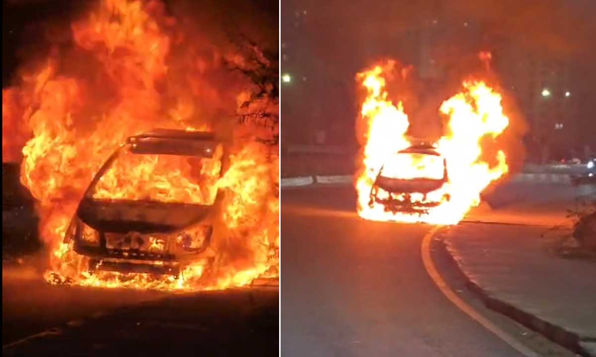 Car Catches Fire at Narsingi Crossroads, Driver Escapes Unhurt