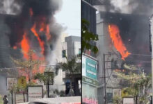 Massive Fire at Mangala Gowri Saree Showroom Near Jubilee Hills Metro Station Causes Panic in Hyderabad