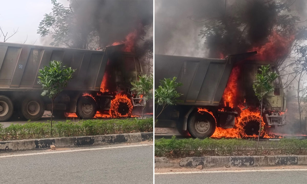 Gravel Lorry Fire at Antaram Gate in Ranga Reddy District, No Casualties Reported