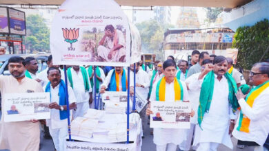 Telangana BJP MLAs reach Assembly with farmers’ petitions on pushcart