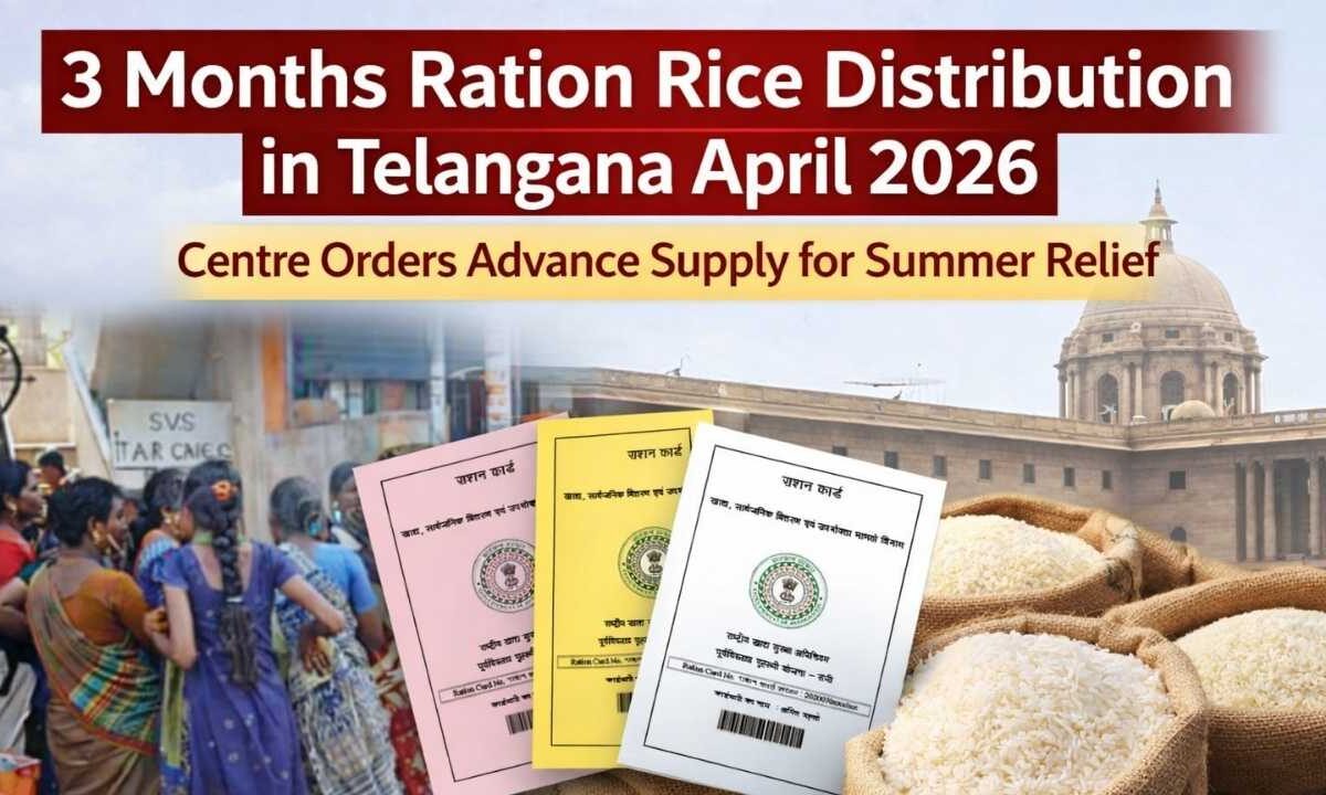Beneficiaries collect supplies during the 3 months ration rice distribution in Telangana April 2026, aimed at reducing trips to ration shops during intense summer heat.