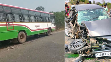 RTC Bus and Car Collision in Vikarabad Peddemul Mandal Leaves One Injured