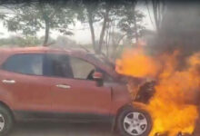 Car Catches Fire on NH-65 Near Nandikandi in Sangareddy, Driver Escapes Unhurt