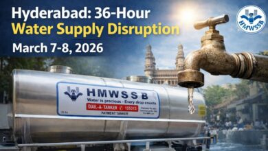 Water tankers and storage arrangements during the Hyderabad 36-hour water supply disruption on March 7–8 as maintenance work takes place in the Manjira supply system.