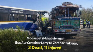Emergency teams respond to the Hyderabad to Tirupati TGSRTC bus accident near Moosapet in Mahabubnagar district after a bus jumped the divider and collided with a container lorry.