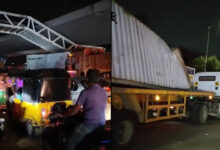 Mehdipatnam X Road Accident: Container Lorry Hits Under-Construction Foot Over Bridge, Traffic Disrupted