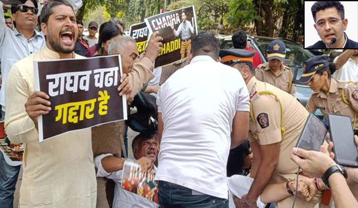 AAP workers protest outside Raghav Chadha’s Mumbai residence; case filed against 8