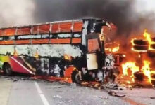 Four killed as bus catches fire after collision with tanker in Gujarat