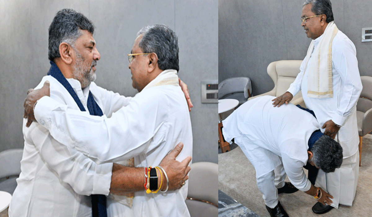 Shivakumar touches Siddaramaiah’s feet, seeks blessings at breakfast meeting