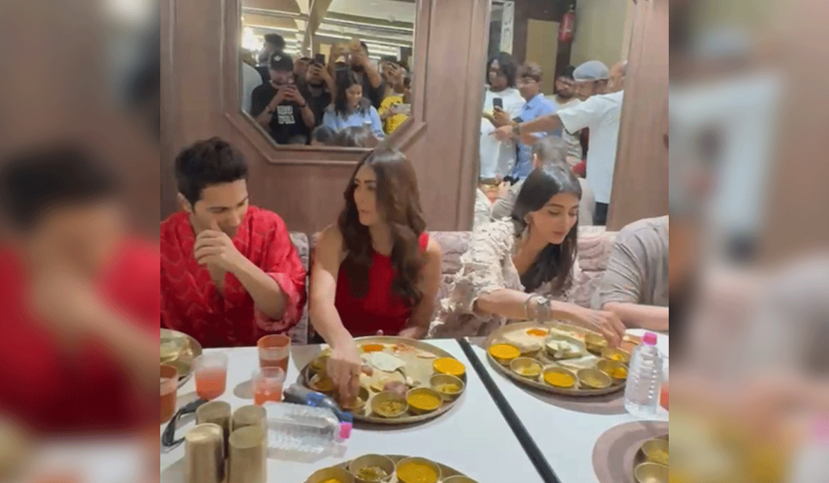Varun Dhawan feeds Mrunal Thakur & Pooja Hegde as the three enjoy a delicious thali in Ahmedabad