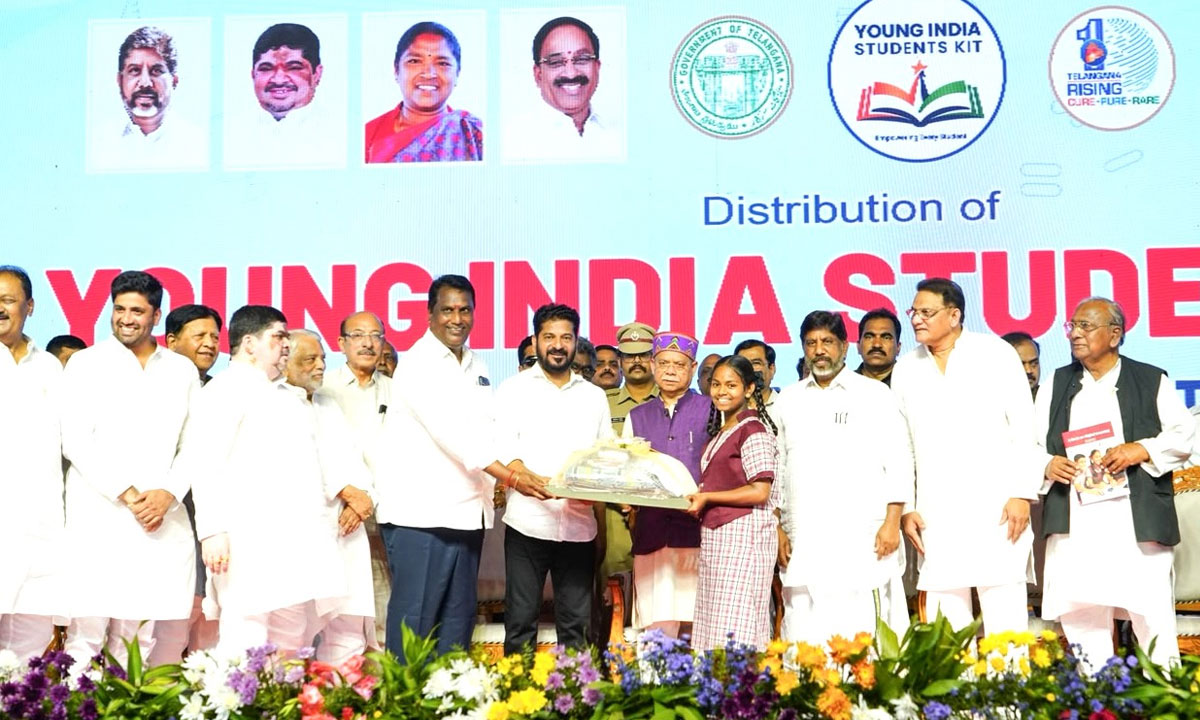 CM Revanth Reddy Launches Student Kit Distribution for 27.50 Lakh Students at LB Stadium