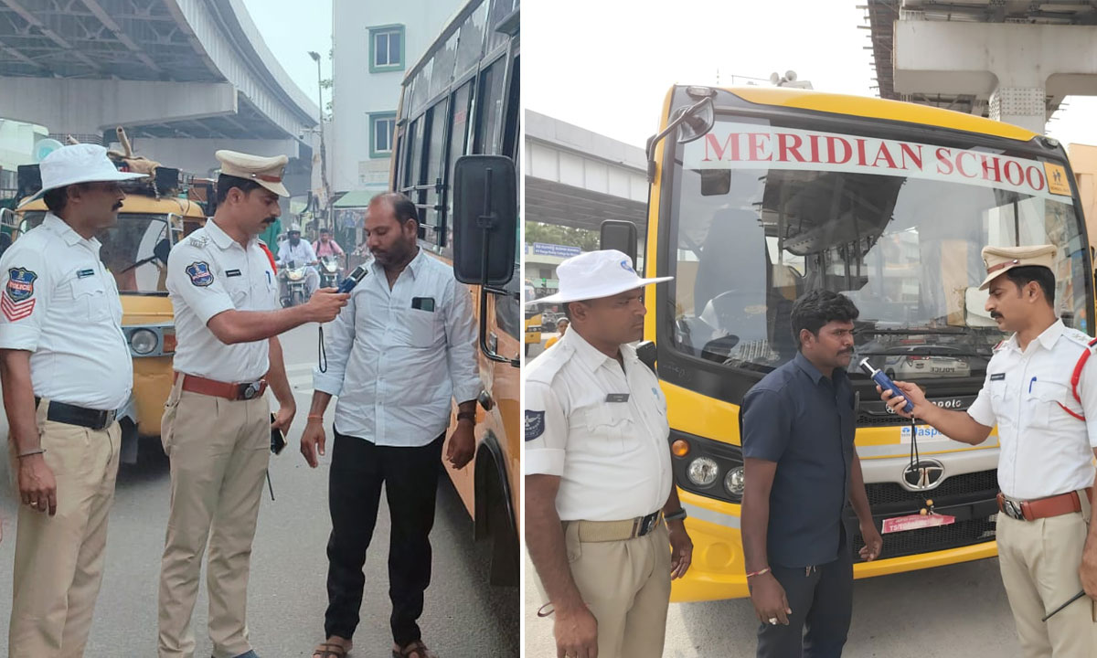 Hyderabad Traffic Police Conduct Special Drunk and Drive Enforcement Drive on School Buses and Autos at IS Sadan Junction