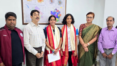 Telangana Swimmers Shivani Karra and Vritti Agarwal Honoured by Jayesh Ranjan
