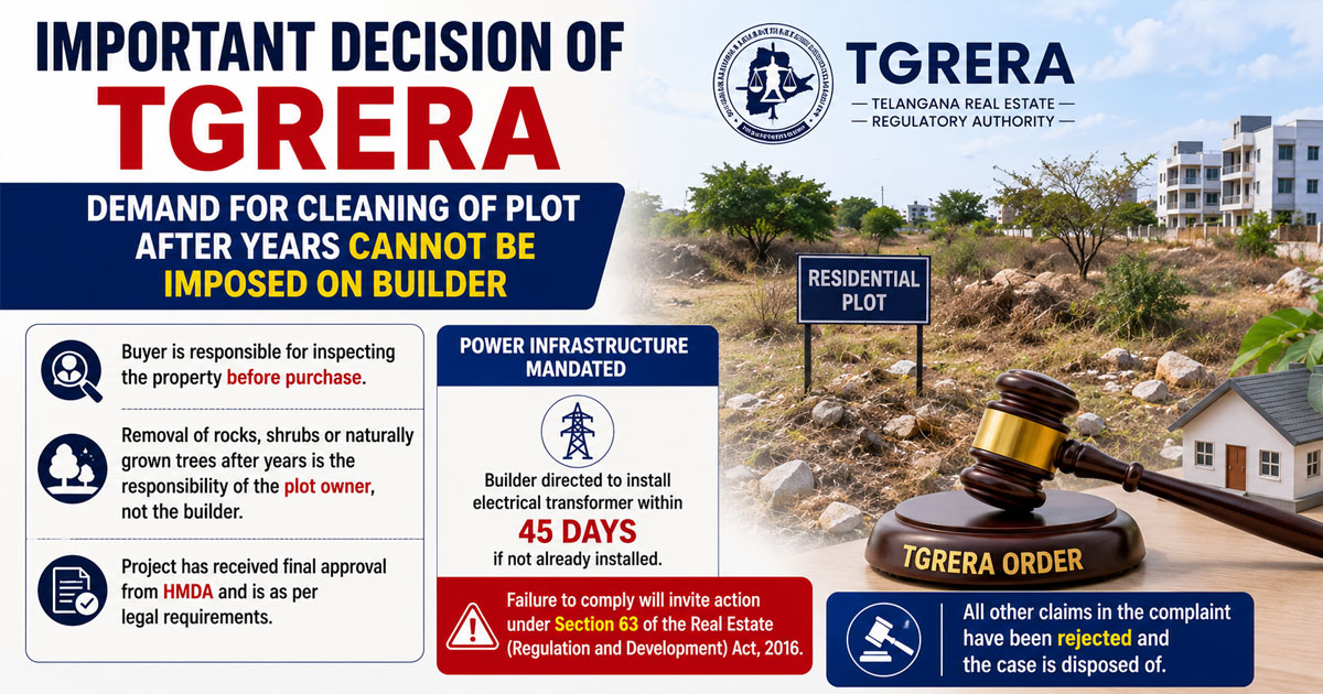 TG RERA Rules Builders Not Responsible for Clearing Overgrown Plots Years After Sale RERA Rules Builder Not Liable for Clearing Overgrown Plots Years After Purchase, Orders Power Infrastructure