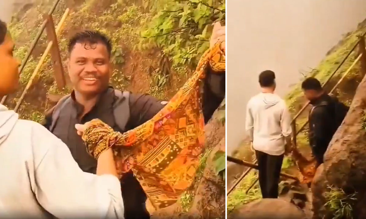 Viral Video: Couple Ties Hands with Dupatta During Mountain Trek After Pune Murder Case Sparks Fear