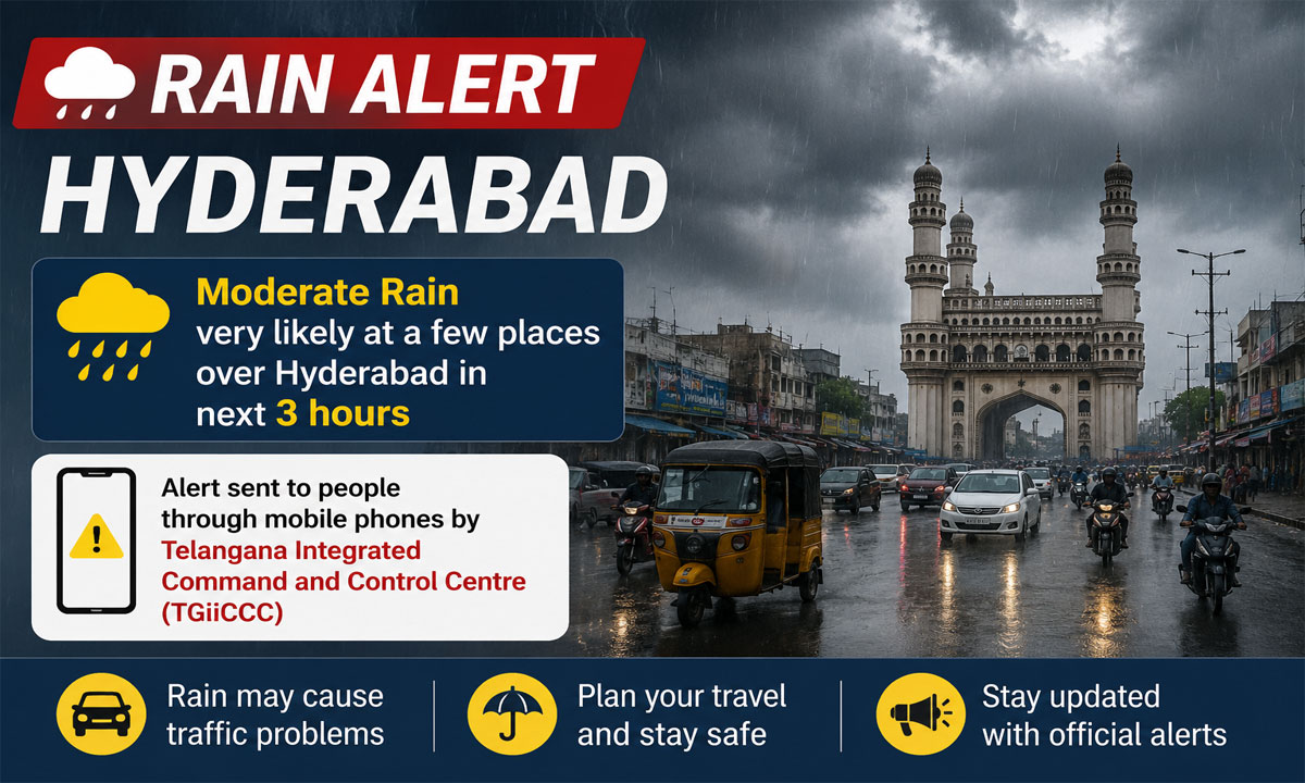 Hyderabad Rain Alert: TGiCCC Warns of Moderate Rain Over Parts of City for Next 3 Hours