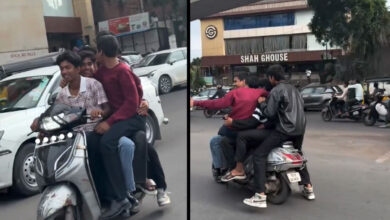 Five People Caught Riding Dangerously on a Scooter Near Lakdikapul