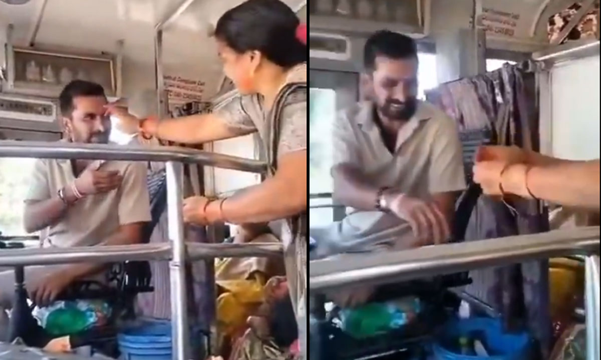 Sister Stops RTC Bus on Rajiv Rahadari to Tie Rakhi to Brother on Duty