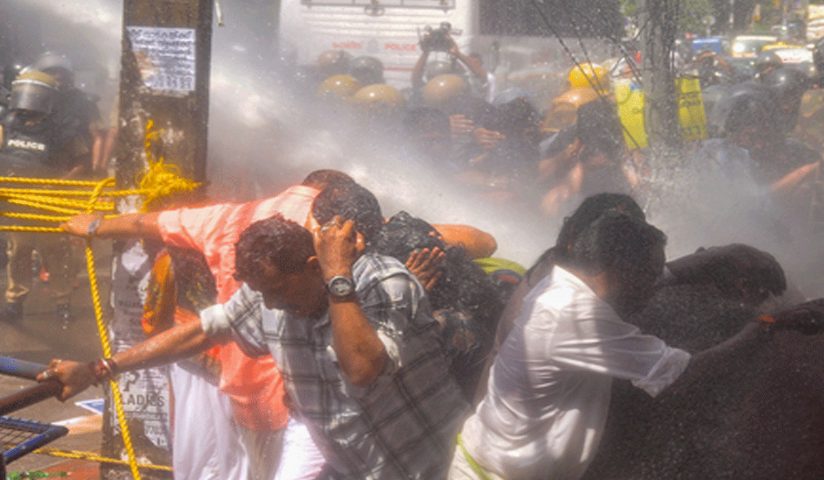 Water cannons used on Karni Sena protesters in Jaipur as demonstrators remove barricades