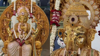 Hyderabad Begum Bazar Showcases 24-Karat Gold-Plated Lord Ganesha Idol Adorned With 3.83 Lakh American Diamonds