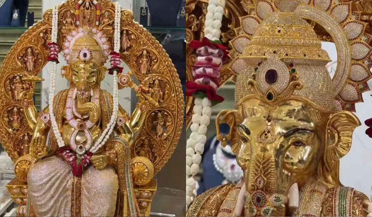 Hyderabad Begum Bazar Showcases 24-Karat Gold-Plated Lord Ganesha Idol Adorned With 3.83 Lakh American Diamonds